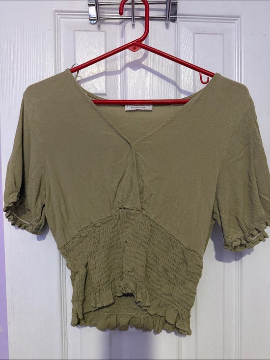 Paper Crane Tops - Paper Crane Olive Green Smocked V-Neck Crop Top